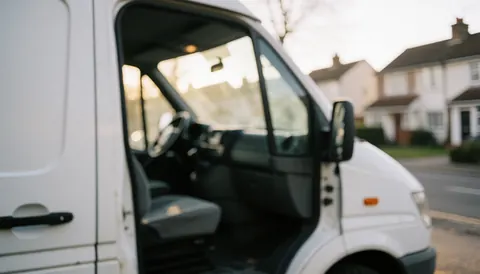 Open door of a white van showing a blurred residential street background with warm lighting, suitable for appliance repair service text overlays