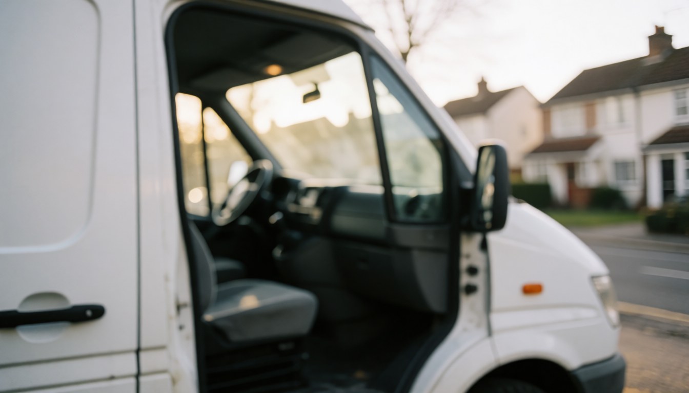 Open door of a white van showing a blurred residential street background with warm lighting, suitable for appliance repair service text overlays