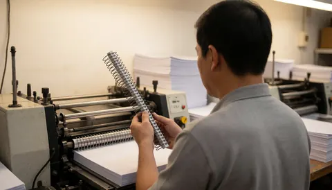 Worker checking metal binding spine on industrial machine with paper stacks in background, warm realistic lighting
