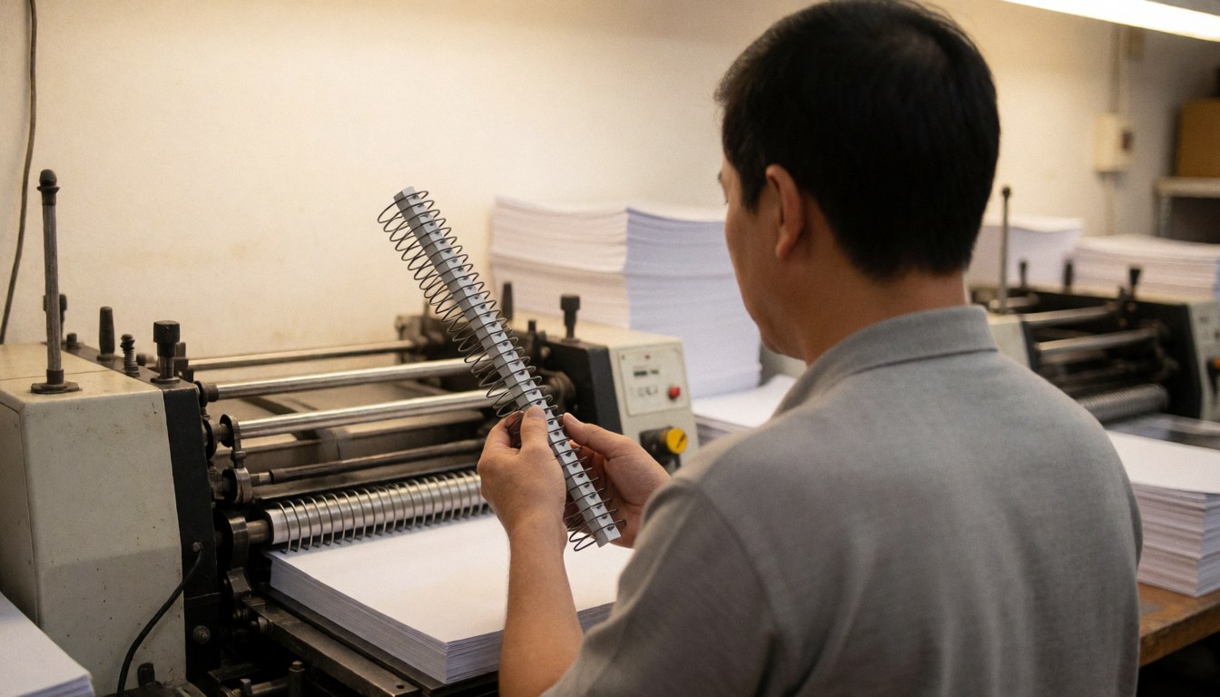 Worker checking metal binding spine on industrial machine with paper stacks in background, warm realistic lighting