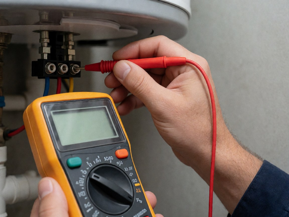 Technician uses a digital multimeter to inspect an electrical connection on a heater in a utility room with exposed pipes and concrete walls.