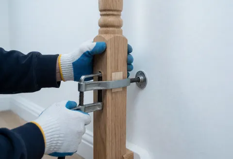 Close-up of a gloved hand using pliers to adjust a wooden dowel in a staircase repair, showing precise joinery against a white wall with bright lighting highlighting wood and metal textures