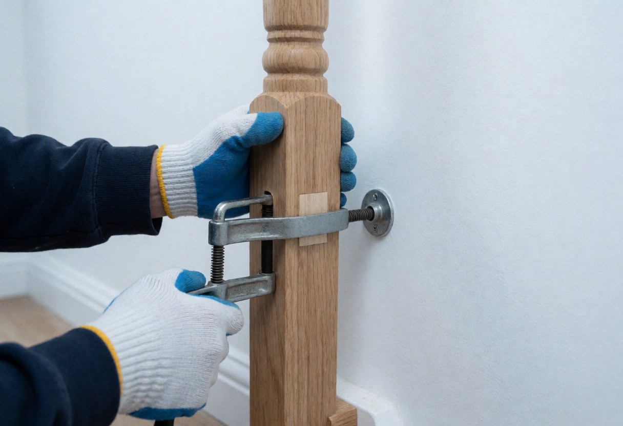 Close-up of a gloved hand using pliers to adjust a wooden dowel in a staircase repair, showing precise joinery against a white wall with bright lighting highlighting wood and metal textures