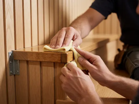 Close-up of a hand using a tool to apply a protective finish to the edge of a wooden staircase, showing visible wood grain details.