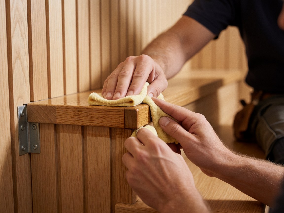 Close-up of a hand using a tool to apply a protective finish to the edge of a wooden staircase, showing visible wood grain details.