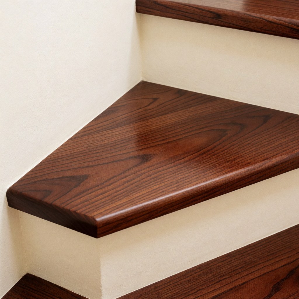 Close-up of a polished red oak stair tread showing dark wood grain, set against warm white painted walls for staircase repair projects.