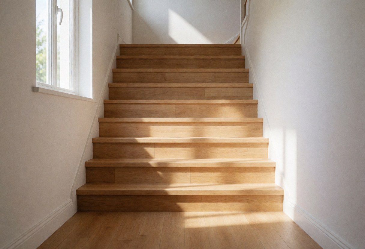 A light wood staircase in an interior hallway illuminated by natural sunlight from a window, featuring white walls and a clean, cozy atmosphere.
