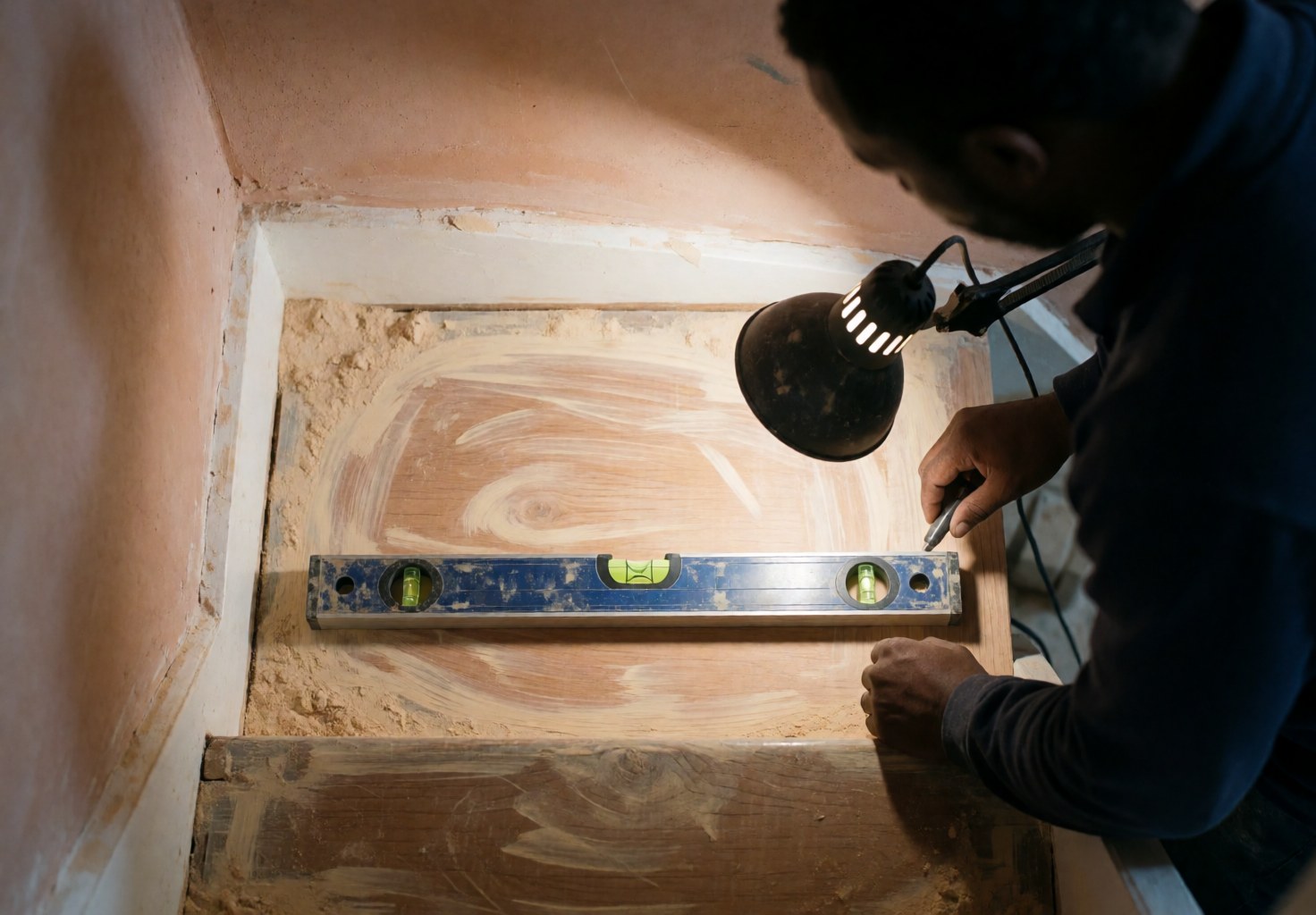 A professional uses a leveler to check a freshly sanded stair step under a work light against a plaster wall.