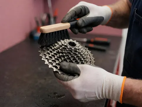 Close-up of a gloved hand using a brush to clean a bicycle cassette in a workshop with pink walls and tools
