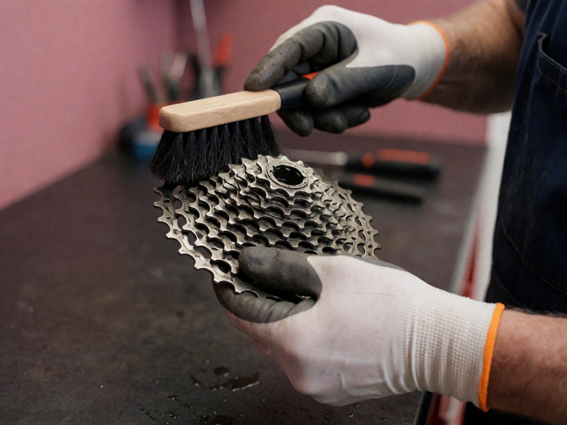 Close-up of a gloved hand using a brush to clean a bicycle cassette in a workshop with pink walls and tools