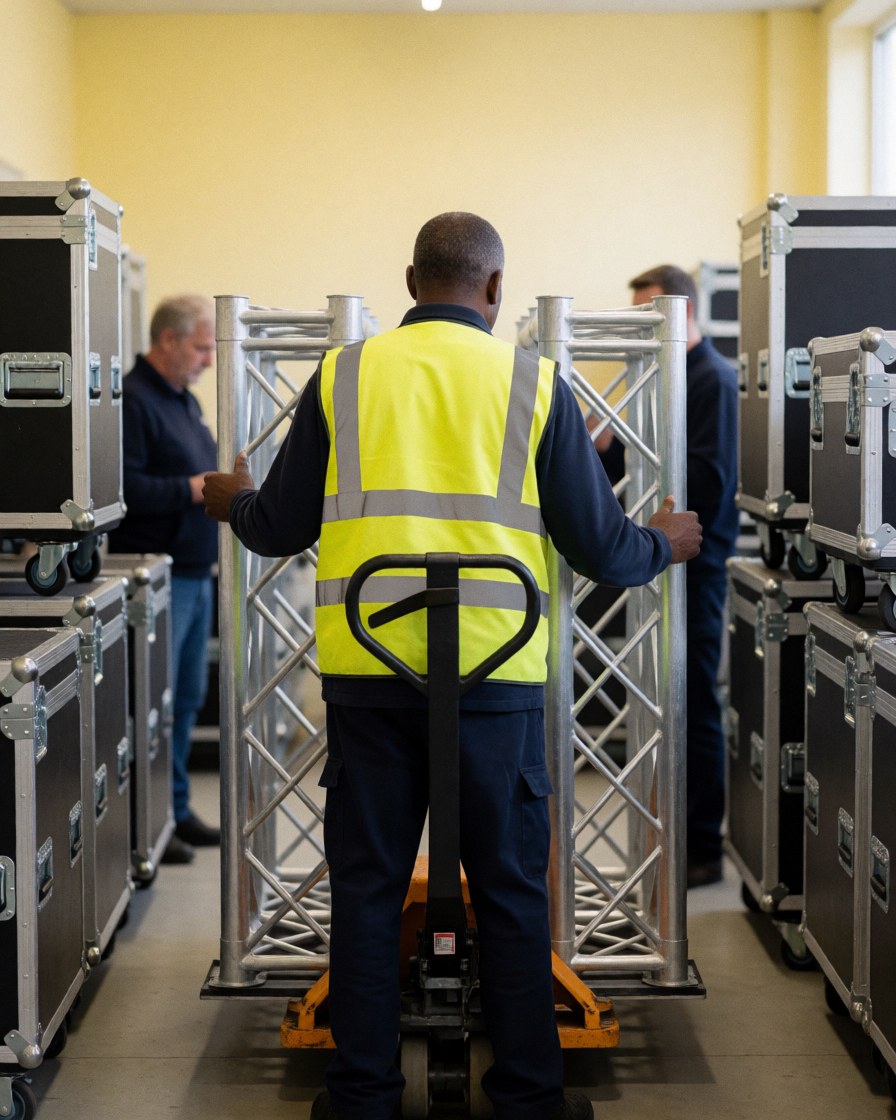 Technician in reflective vest pushing truss on pallet truck in event warehouse with equipment boxes nearby