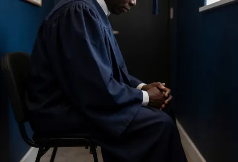 A graduate wearing a gown sits on a chair with hands clasped against a dark blue wall with dramatic lighting.