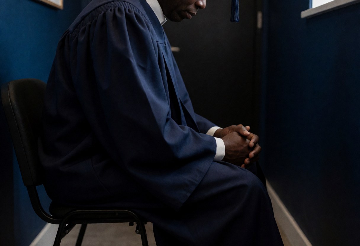 A graduate wearing a gown sits on a chair with hands clasped against a dark blue wall with dramatic lighting.