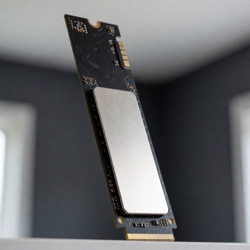 Close-up of a black M.2 NVMe solid state drive with a silver thermal heatsink, black PCB, and gold connectors on a dark gray background.