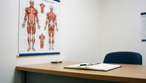 Wooden desk with open notebook and blue chair in front of white wall featuring anatomical muscle map for professional therapy background