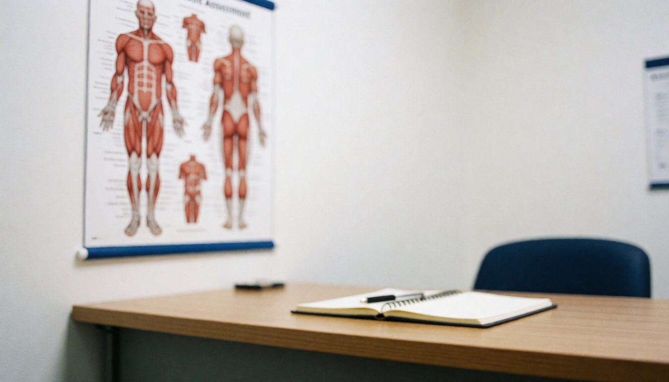 Wooden desk with open notebook and blue chair in front of white wall featuring anatomical muscle map for professional therapy background