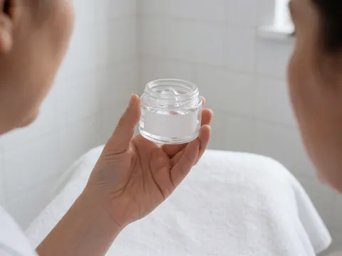 A hand holding a transparent jar of gel in a bathroom with white tiled walls, suitable for skincare and post-peeling treatment products.