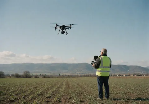 A worker wearing a reflective vest operates a professional drone over an agricultural field with mountains in the background, demonstrating aerial photography services.