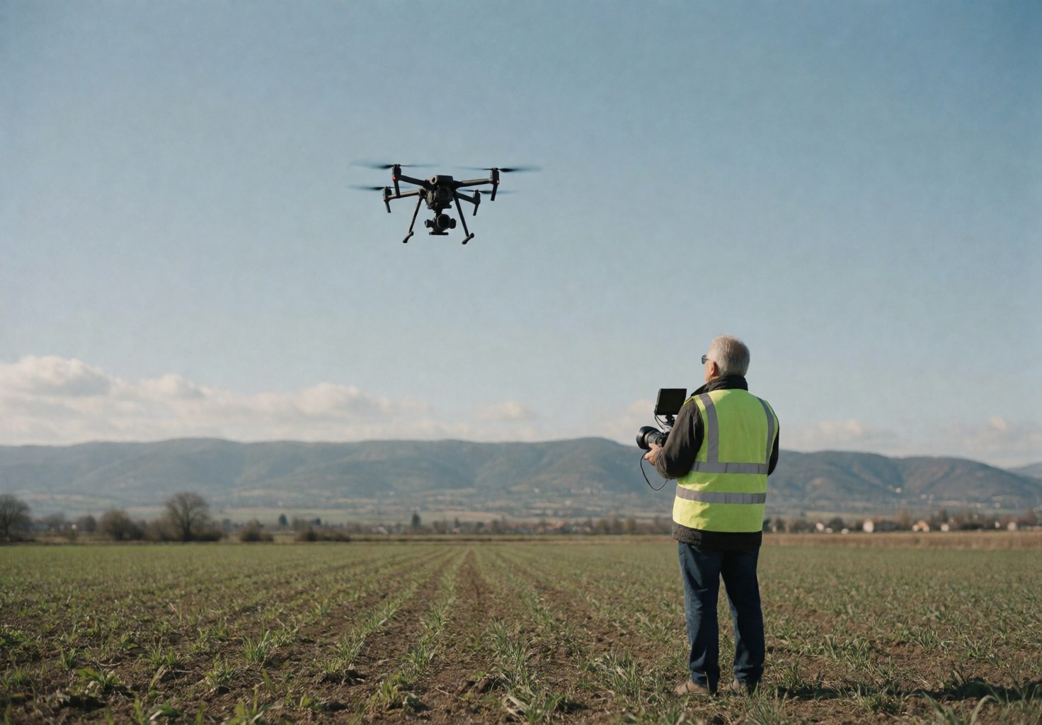 A worker wearing a reflective vest operates a professional drone over an agricultural field with mountains in the background, demonstrating aerial photography services.