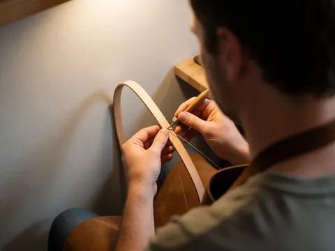 Close-up of hands precisely stitching leather with a needle and thread in a workshop with warm lighting and a gray wall background