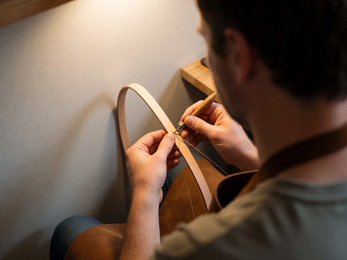 Close-up of hands precisely stitching leather with a needle and thread in a workshop with warm lighting and a gray wall background