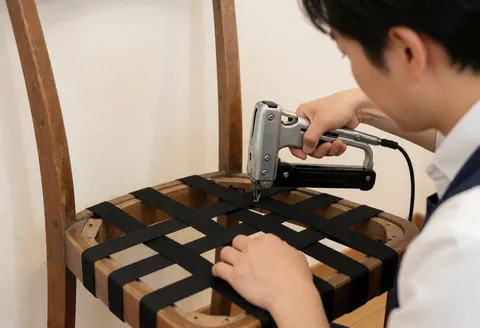 An upholsterer uses a staple gun to secure black webbing onto a wooden chair frame during a professional furniture repair job.
