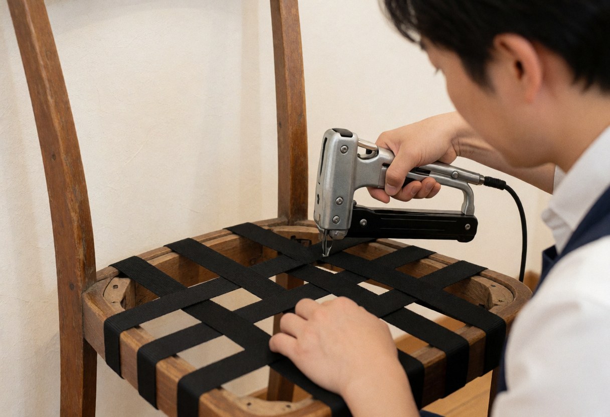 An upholsterer uses a staple gun to secure black webbing onto a wooden chair frame during a professional furniture repair job.