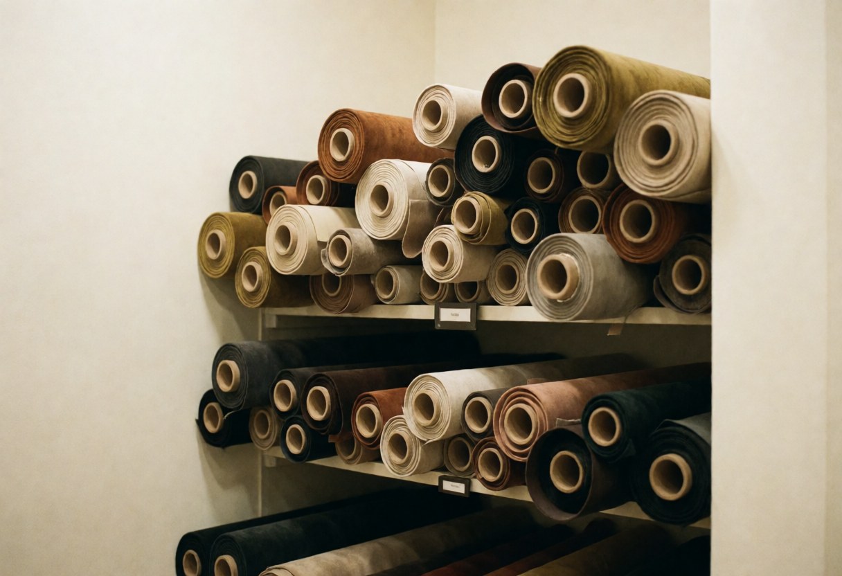 Shelves holding velvet and leather fabric rolls in earth tones against warm white walls, ideal for upholstery professionals