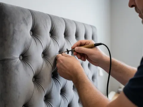 Close-up of a hand using a tufting tool on gray fabric with a blurred workshop background and soft professional lighting