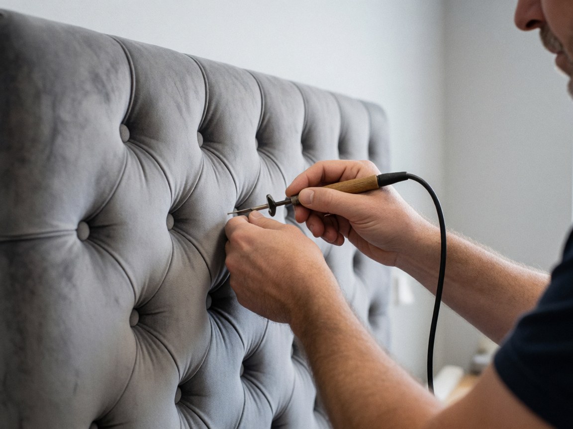 Close-up of a hand using a tufting tool on gray fabric with a blurred workshop background and soft professional lighting