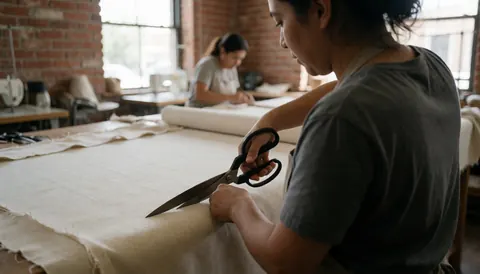 Large scissors cutting fabric in an upholstery workshop with brick wall and natural light