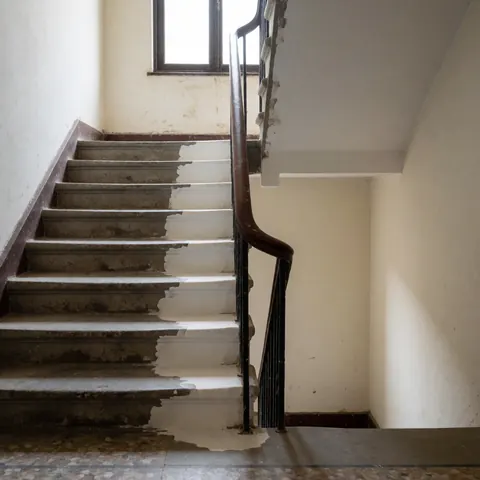 Concrete staircase undergoing repair with partially painted steps, white walls, and natural light from a high window.