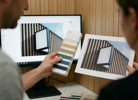 A hand holds color swatches next to a printed sheet and a monitor displaying the design in an office with light wood walls.