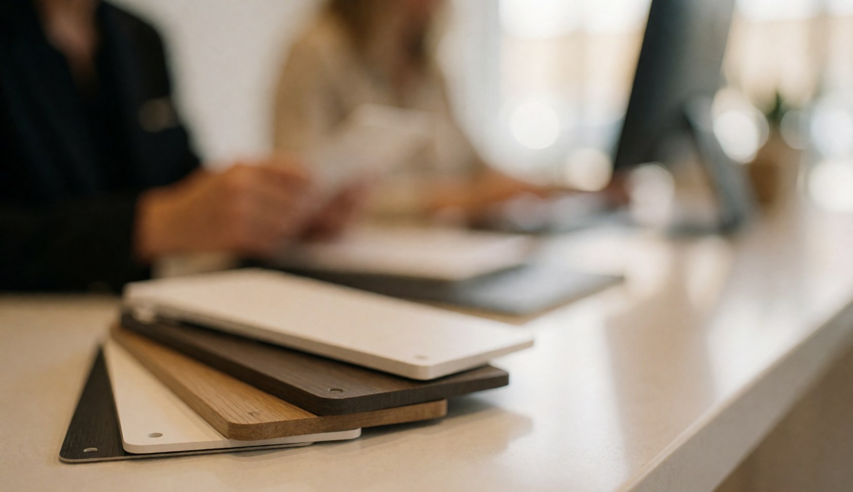 Close-up of wood samples and finish options on a counter with blurred people in the background and warm professional lighting
