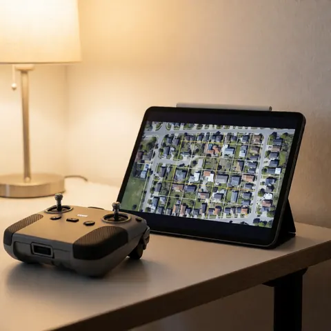 A drone controller with a rubber texture and joystick sits next to a tablet displaying an aerial street view on a table with warm lamp light.