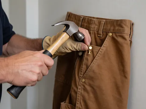 A gloved hand uses a hammer to secure a rivet on a brown fabric pants pocket against a light gray wall with natural lighting.