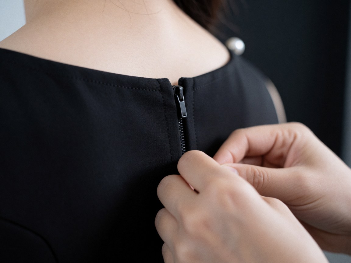 Close-up of a black dress zipper being fastened by hands, featuring a pearl button and visible tailoring seams against a dark blurred background