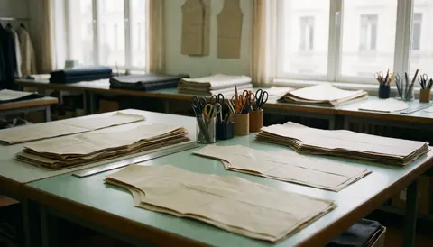 Work tables in a sewing workshop with fabric patterns, scissors, and rulers. Organized and professional environment for garment design.