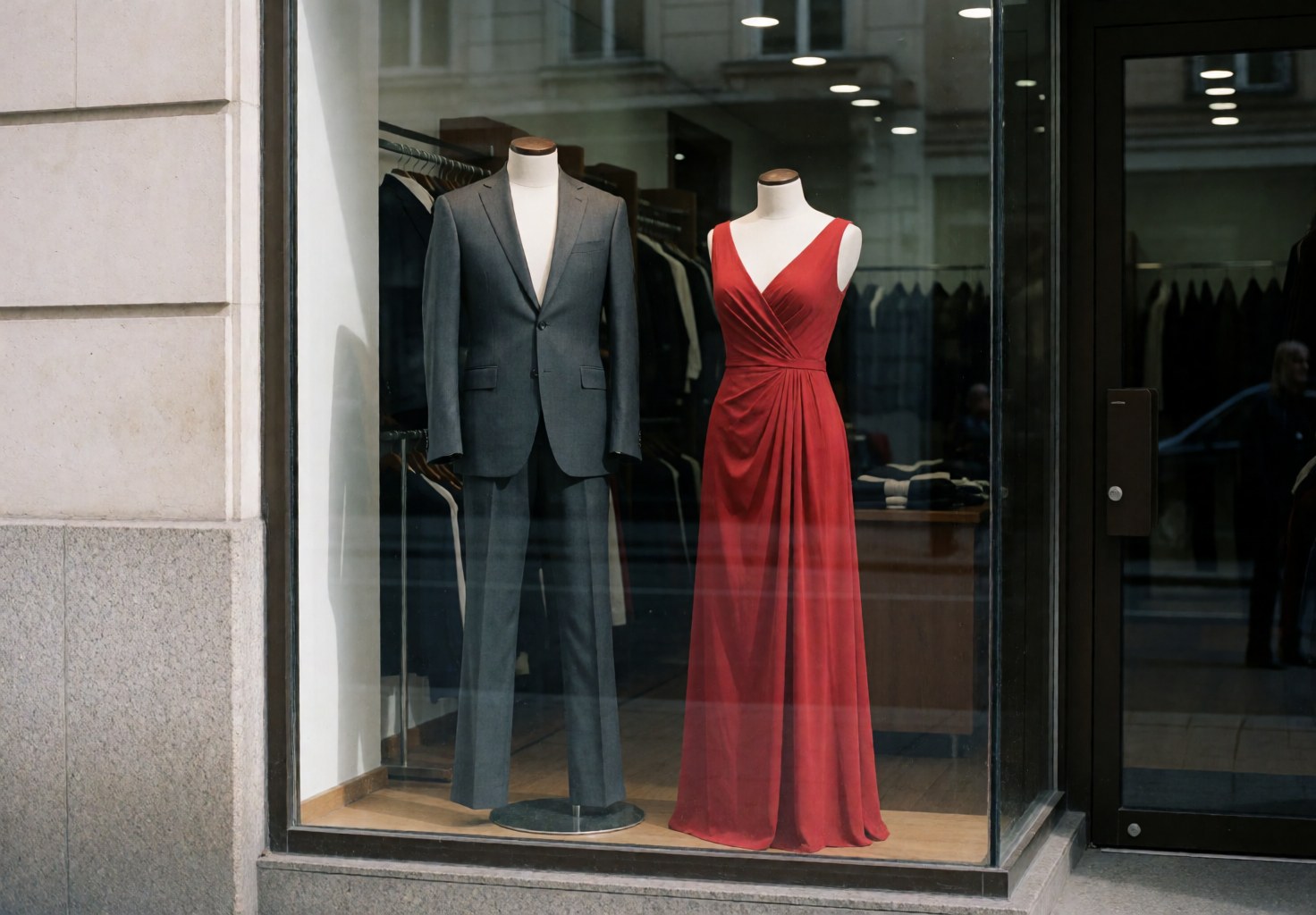 Tailor shop display window featuring two mannequins, one wearing a gray suit and the other a red dress, illuminated by natural light with street reflections on the glass.