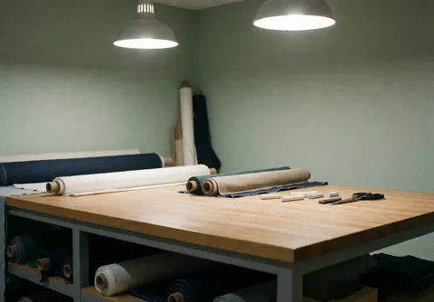 Wooden cutting table in a tailor shop with fabric rolls, scissors, and chalk. Green walls and hanging lights create a professional, organized atmosphere.