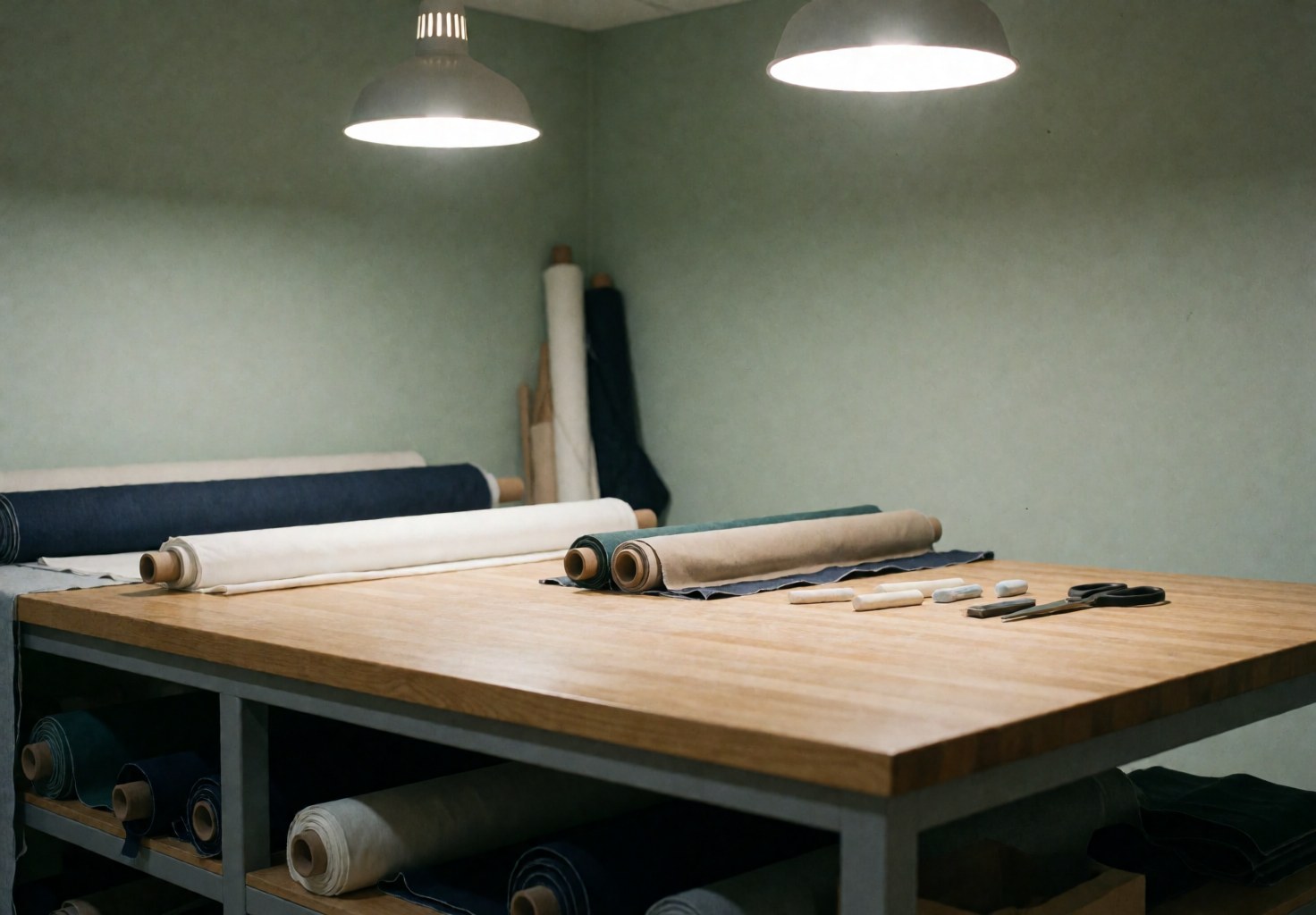 Wooden cutting table in a tailor shop with fabric rolls, scissors, and chalk. Green walls and hanging lights create a professional, organized atmosphere.