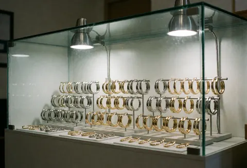 Gold and silver earrings arranged on shelves inside a glass display case illuminated by metal spotlights in a jewelry store counter.