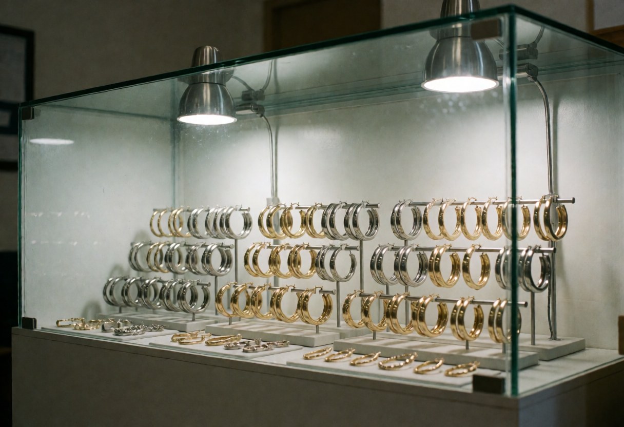 Gold and silver earrings arranged on shelves inside a glass display case illuminated by metal spotlights in a jewelry store counter.