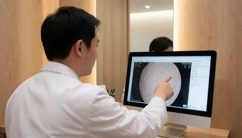 A doctor in a white coat reviews a skin analysis on a computer in an office with light wood walls and soft lighting