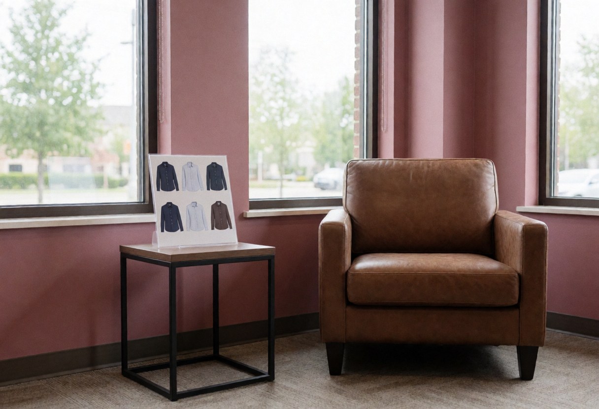 Brown leather chair and shirt catalog on table in waiting room with large windows and dusty rose walls