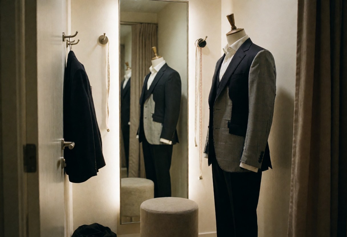 A tailor fitting room featuring suited mannequins, a mirror, chair, and hanging measuring tape with warm lighting and neutral walls.