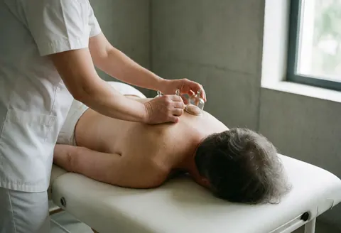 Therapist applying cupping therapy on an older client's back on a white table with natural window light and concrete walls