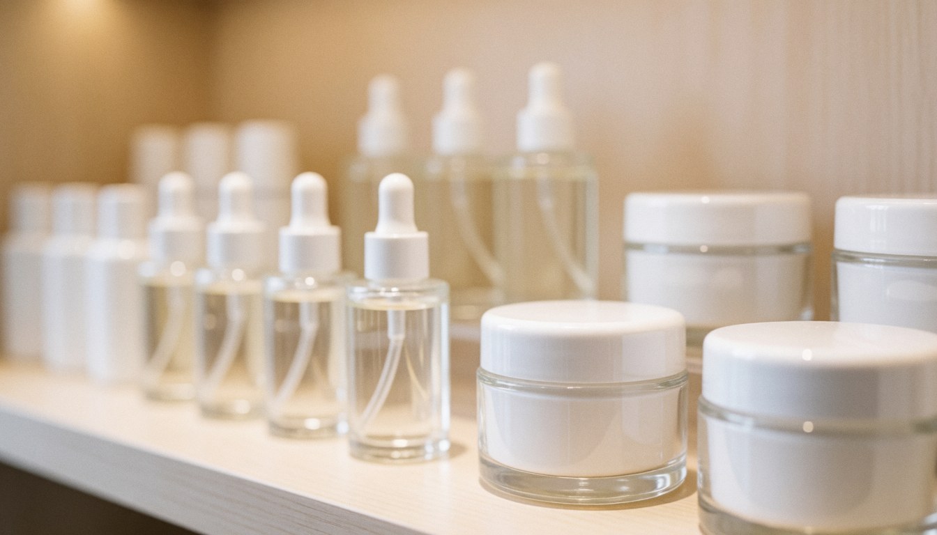 Shelf displaying glass serum bottles and white facial mask jars on a soft warm background suitable for business text overlays
