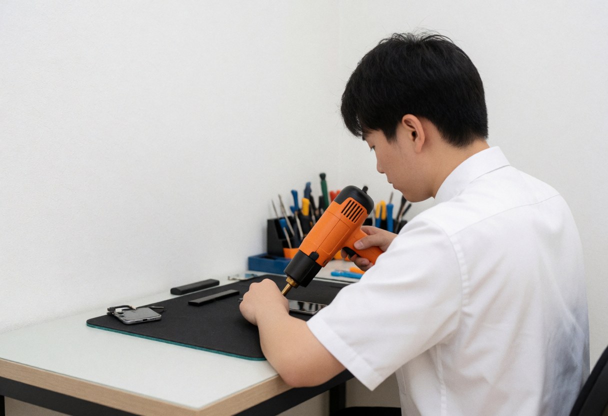 A technician uses a heat gun on a phone screen during a repair in a workshop with tools and a white wall.