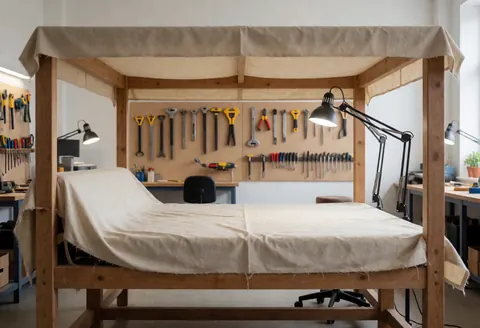 Empty upholstery workshop featuring a large wooden frame draped with fabric, tools hanging on the wall, and bright work lights illuminating the organized space.